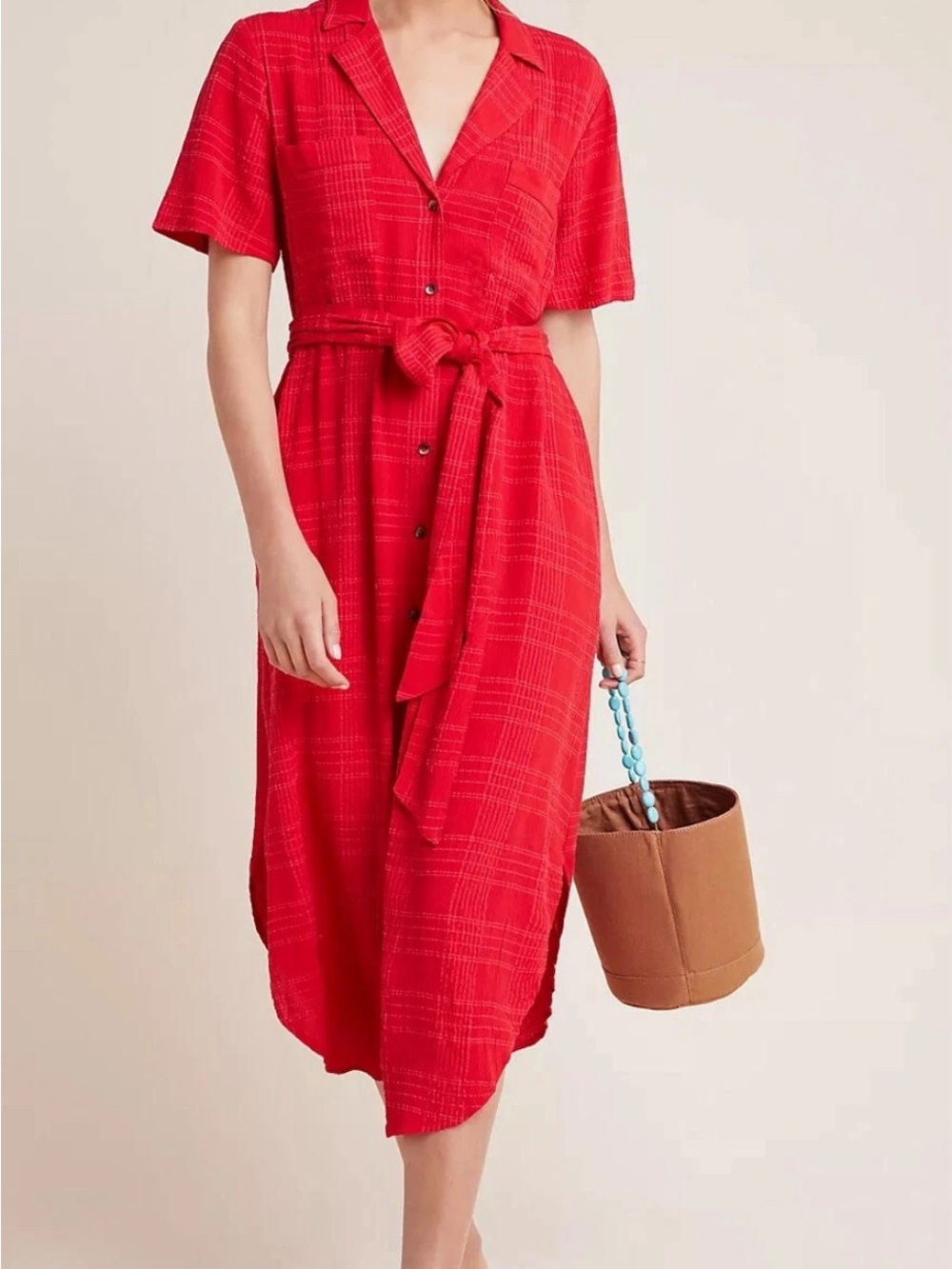 Maeve by Anthropologie Aria Textured Button Front Dress  Bright Red  Size M- EUC